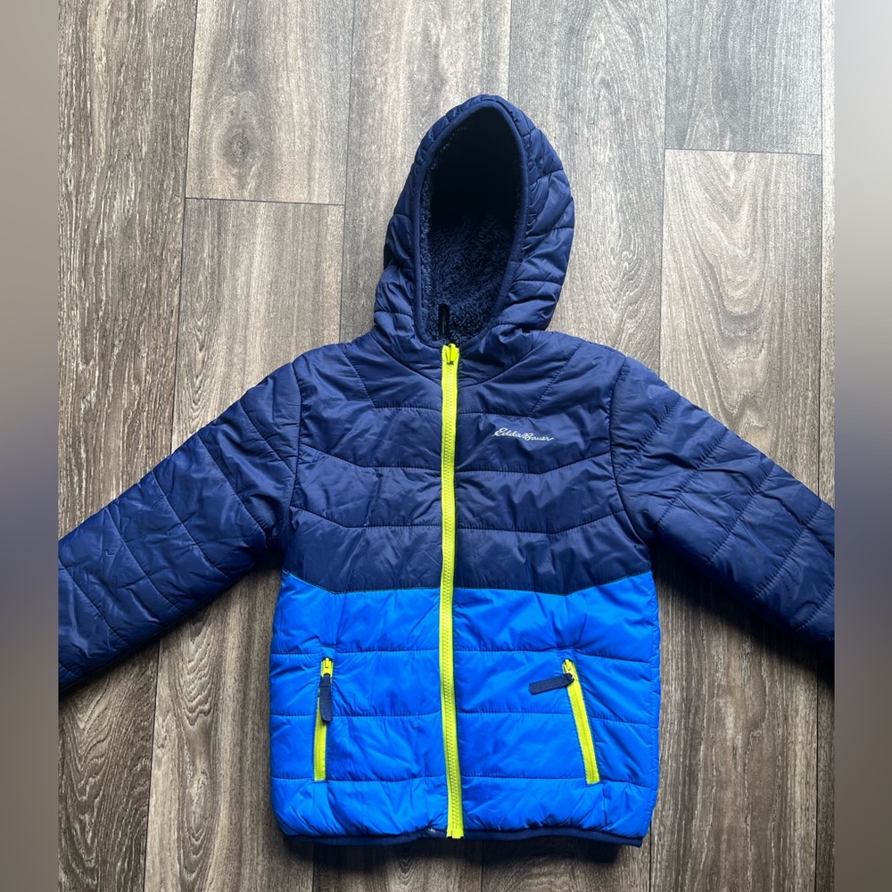 Blue and Black Hooded Jacket with Yellow Accents